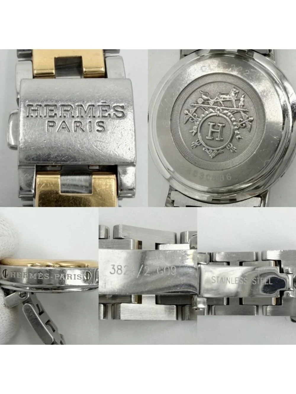 Hermes Watch Clipper Cles Motif Date Combo SS Battery Powered White Shell Dial
